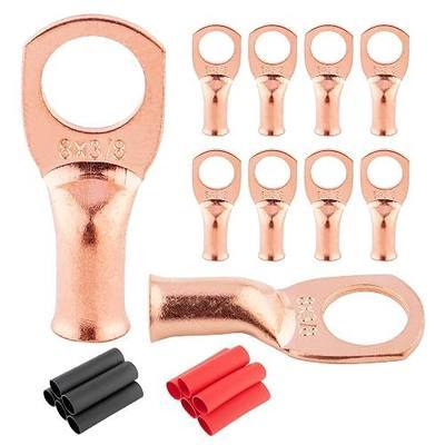 RED WOLF 10 Pack 8 Gauge x 3/8" Copper Wire Ring Terminals Connector Lug Battery Cable Ends Stud W/3:1 Heat Shrink Tubing Tube Black & Red Each 5 PCS for Electrical Vehicle Boat Marine