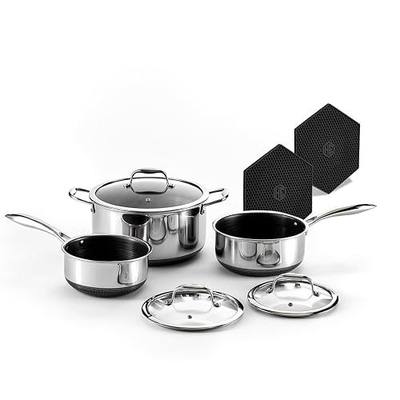 HexClad Hybrid Nonstick 6 Pc Pot Set & Trivets, 2, 3, and 8-Qt Pots & Lids | Stay-Cool Handles, Dishwasher and Oven Safe, Compatible with All Cooktops, Induction REady