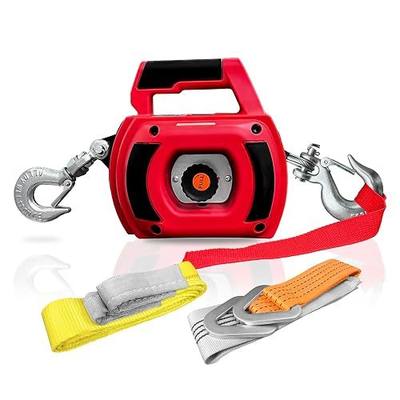 Portable Drill Winch 1000LBS, Drill Powered Winch with Lift Sling Strap and D Rings Tie Down Strap, Drill Winch with Alloy Steel Wire Rope 40FT for Dragging, Handling, Trailer (Red)