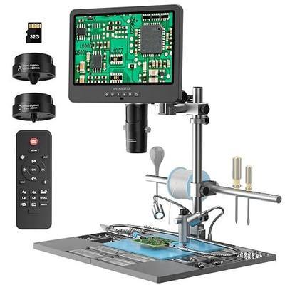Andonstar AD249S-M Plus 10.1'' HDMI Soldering Digital Microscope for Electronics Repair, 2000x 3 Lens 2160P UHD Video Record, Soldering Microscope Station with Helping Hands, Slides, 32GB Card