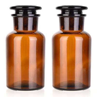 Lab Glass Reagent Bottle,Wide Mouth Glass Storage Bottle with Ground Stopper,Decorative Bottles/Vase (Amber, 2 * 250ML)