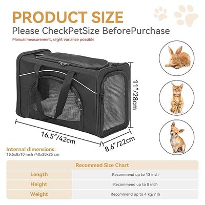Petsfit Airline Cat Carrier for Small Cats, Two-Way Placement, Up to 9 lb | 16.5 x 8.6 x 11 in; two-way washable pad; fits pets up to 13 L x 8 H in; reinforced frame, 4 mesh panels and locking zippers.