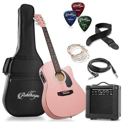 Ashthorpe Full-Size Thinline Cutaway Acoustic Electric Guitar Package with 10 Watt Amp - Pink