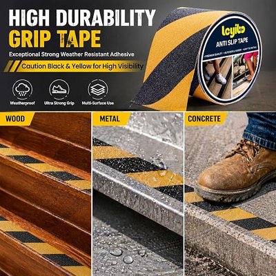 Anti Slip Tape, 4 Inch x 42 Ft Grip Tape for Stairs Outdoor/Indoor, Waterproof Non Skid Roll for Stair Treads Non Slip, High Traction Friction Abrasive Adhesive Stair Steps, Caution Yellow/Black