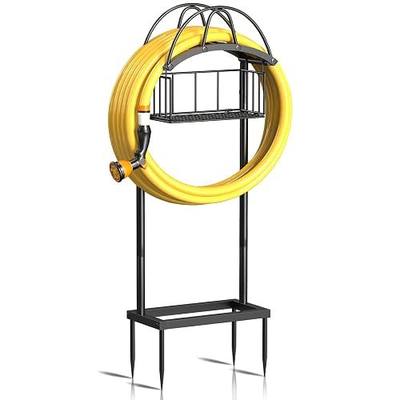 Garden Hose Holder, Freestanding Heavy Duty 4 Spikes Water Hose Holder with Storage Basket, 100-Feet Hose Hanger, Detachable Garden Hose Storage Hose Stand for Outside Yard, Black