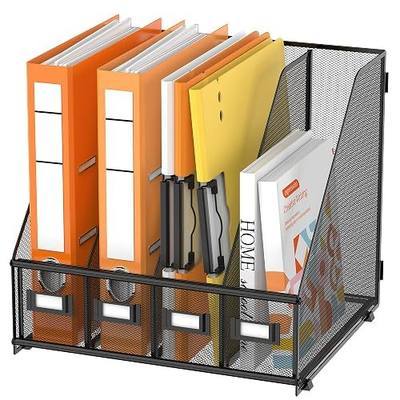 DALTACK 4-Slot Magazine File Holder, Metal Binder Holder, Black | Iron Mesh Construction, Labeled Sections for Easy Sorting, Anti-Slip Feet, Binder and Folder Storage for Office, Classroom