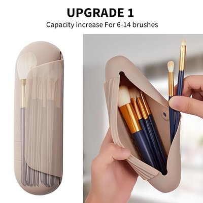 AGIKET Silicone Makeup Brush Holder Travel Cosmetic Bag:Soft Portable Cosmetic Face Brushes Holder with Upgrade Anti-Fall Out Magnetic Closure, Large Travel Makeup Brush Case - Walnut