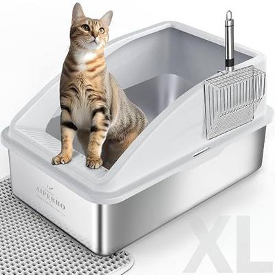 AIPERRO Stainless Steel Litter Box | XL Enclosed Cat Litter Boxes with Lid for Big Cats | High Sided, Anti-Urine Leakage | Non-Stick Bottom & Includes Litter Mat & Metal Scoop
