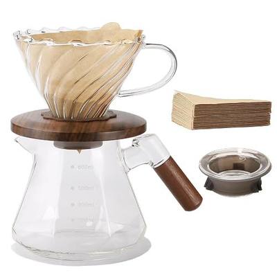 Lalord Pour Over Coffee Maker, 20 oz Borosilicate Glass Set with 100 pcs Paper Filter, Coffee Dripper with Walnut Collar, Coffee Pot with Glass Lid, 1-3 Cups, Clear, (600 ml)