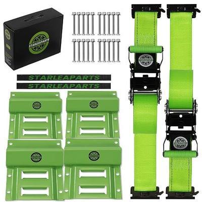 Heavy Duty Wheel Chock Tie Down Straps Set (2PK) - 4,400lb Guaranteed Max Break Strength, (2) 2" x 6' Trailer Tire Straps with (4) Wheel Chocks for ATV, UTV or Tractors