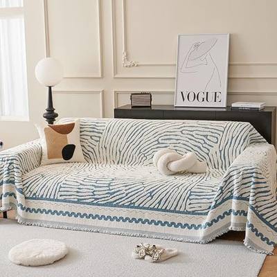ROOMLIFE Thicked Striped Couch Cover with Tassel Blue Chenille Sofa Cover Blanket for Sectional Sofa, Soft Sofa Slipcovers for L Shaped Love Seat 2-3 Cushion Couch Anti Slip Sofa Protector, 71"x134"