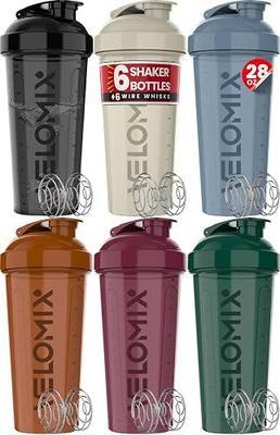 VELOMIX 6 Pack 28 oz Protein Shaker Bottle for Mixes - 6 Wire Whisk Balls | Leak Proof Cups for Supplements | BPA-Free Gym & Fitness (Earth Tones Collection)