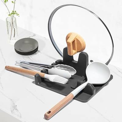 AUOON Silicone Utensil Rest with Lid Holder, Large, Gray | 3 in 1 Kitchen Spoon Rest, Holds 4 Utensils Plus Ladle and Lid, Heat-resistant, BPA-free, Dishwasher Safe, 8.26 x 8.06 Inch