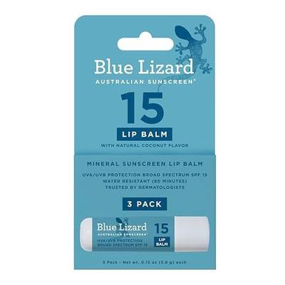 BLUE LIZARD Mineral SPF 15 Lip Balm, 3-Pack: Broad Spectrum Sun Protection, Natural Coconut Flavor, 8 Natural Oils, Infused with Australian Kakadu Plum, Rich in Vitamin C, Vegan, Each Tube 0.13 oz.
