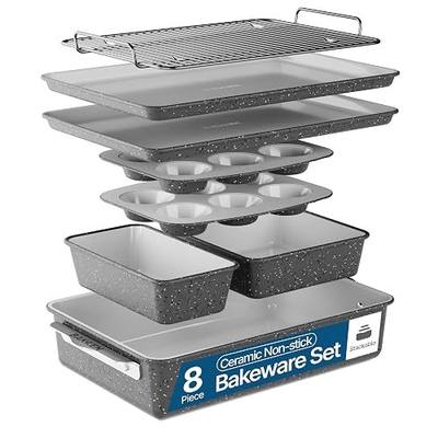 Bakken 8-Piece Stackable Bakeware Set – Ceramic Non-Stick, Oven-Safe Baking Sheets & Pans, PTFE/PFOA/PFOS-Free, Ergonomic Handles, Includes Cooling Rack – Healthy, Non-Toxic Baking Essentials