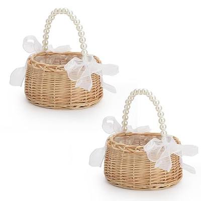Wicker Rattan Flower Girl Basket Set of 2 Rustic Wedding Flower Girl Basket with Pearl Handle Small Flower Basket for Flower Girl Fairy Wedding Basket Handwoven Easter Baskets for Boys Girls Wedding