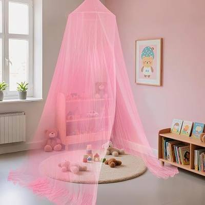 Daksha Princess Bed Canopy for Girls Room, Pink Bed Canopy with Ruffles Fits Single, Twin, Full, and Queen Beds, Bedroom Decoration