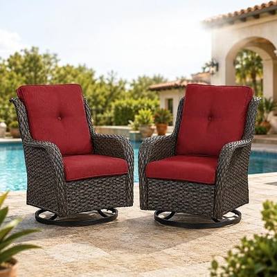 HUMMUH 2 Piece Wicker Patio Swivel Rocker Chairs, Brown/Red | PE rattan, steel frame, 28D foam cushions, 360 rotation glider, 22-inch high back, 24-inch deep seat