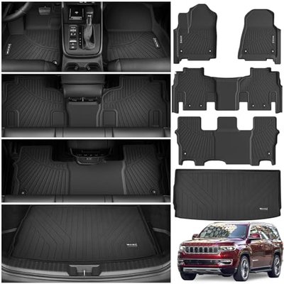 Floor Mats & Cargo Liner for 2022-2025 Jeep Wagoneer 8 Passenger Model with 2nd Row Bench Seat All Weather Protection TPE Rubber Full Set Automotive Mat Accessories, Black (Non L)
