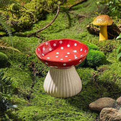 Raised Cat Bowl, Cute Mushroom Pet Feeder, Elevated Small Dog Food Bowl, Ceramic Raised Pet Bowls for Food and Water, Wide Shallow Cat Dish, Whisker Fatigue (Red)