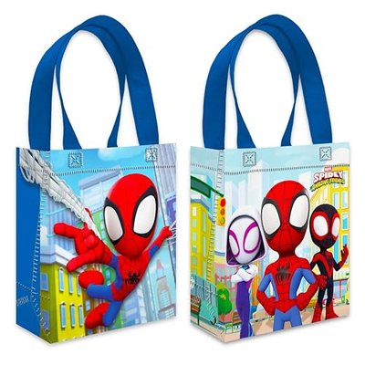 Spidey Party Favor Bags for Kids Birthday 12 Pack Bundle | Mini 8" Spidey and His Amazing Friends Party Goodie Bags, Bulk Reusable Tote Canvas Gift Bags - Spidey Party Supplies