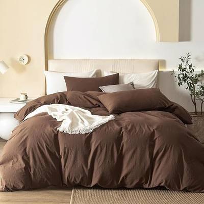 JIYUAN Queen Washed Cotton Duvet Cover Set, 3-Piece, Relaxed Linen Feel | Includes 2 Pillowcases, Hidden Zipper & 8 Corner Ties. Naturally Soft, Breathable & Lightweight. Machine Washable.