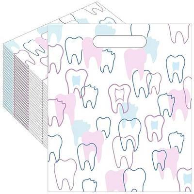 50 Pack Tooth Merchandise Bags with Handles, 8.3x9.5 Inches Plastic Dental Bags for Patients, Dental Goodie Treat Bags Bulk for Dentist Clinic Office, Appreciation Gifts, Dental Hygiene Party Favor