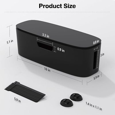 Cable Management Box - Large Cord Organizer Box to Hide Power Strip & Under Desk, TV Computer Wires Cable Organizer Box with Baby Proofs, Desk Cord Organizer for Home/Office - Black