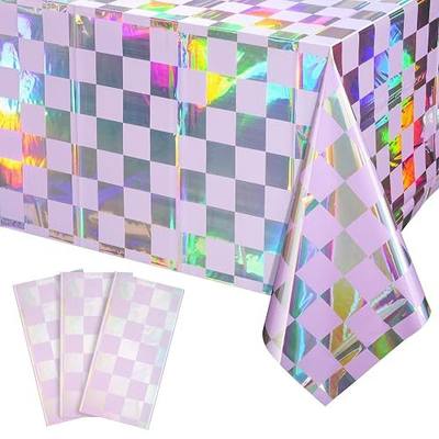 FunnyPars 3Pack Iridescent Checkered and Purple Plastic Tablecloths Shiny Disposable Laser Rectangle Table Covers Foil Tablecloth Iridescent Party Decorations Birthday Bridal Baby Shower, 54x108Inch