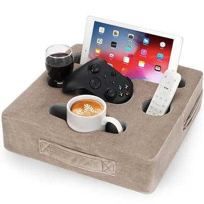 Couch Cup Holder Pillow Tray - Sofa Drink Cup Holder Cozy Buddy | Bed Caddy Organizer for Remote, Snacks Beverage, Phones, Tablet | Use it on Car, Pack, Beach, RV, Boat, Bedroom (Light Brown)
