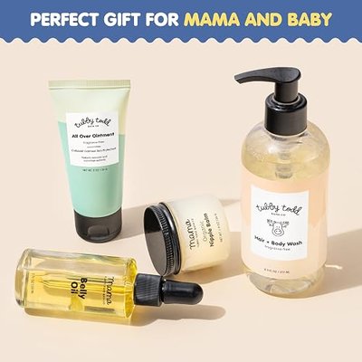 TUBBY TODD New Baby and Mom Skincare Kit, The Mama Gift Set | 8.5 oz Baby Shampoo and Body Wash, 2 oz All Over Ointment, 2 fl oz Belly Oil & 1.9 oz Nipple Balm, Fragrance-Free