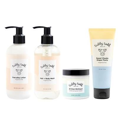 Tubby Todd Baby Bath and Skincare Kit, The Baby Bundle Gift Set | Shampoo and Body Wash, 8.5 oz Everyday Lotion, 3.5 oz All Over Ointment & 4 oz Diaper Paste Cream, Fragrance-Free
