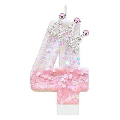 Pink Birthday Number 4 Candle for Cake, Pink Crown Cake Topper Princess Birthday Party Decorations Cupcake Topper Party Favors Decor Supplies