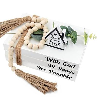 Rustic Farmhouse Decorative Books for Home Decor - Faux Wood Books with Tassels and Leaves for Living Room Display