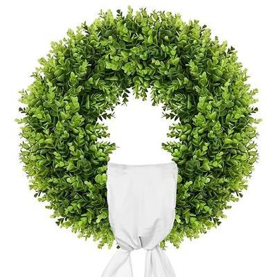 Vlorart 20" Boxwood Wreath for Front Door with Sash & Plaid Bow, Full Lush Artificial Greenery Wreath for Spring Summer Farmhouse Wall, Window & Wedding Decor
