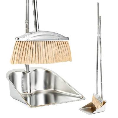 VOOWO Broom with Dustpan Combo Set, 46" Stainless Steel Broom and Dustpan Set for Home, Heavy Duty Dust Pan with Long Handle, Broom for Sweeping Indoor and Outdoor, Kitchen Broom and Dust Pan (Khaki)