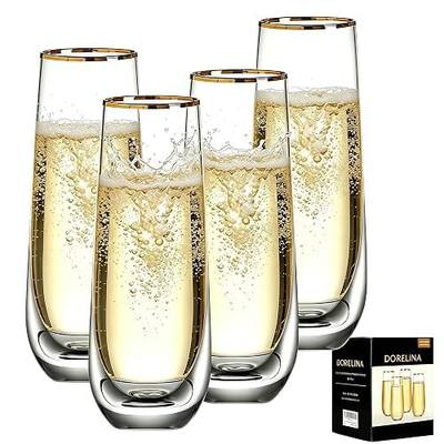 Stemless Champagne Flutes Set of 4, Gold Rim Champagne Glasses, Best Gift, Clear, D1002