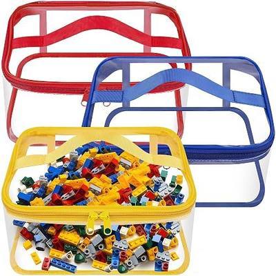 3 Packs Clear Toy Storage Bags- 9.4 x 6.7 x 4.3 Inch Transparent PVC Toy Organizing Bags with Zipper- Waterproof Toy Storage Organizer Pouch for Building Blocks, Small Toys (Red, Blue, Yellow)
