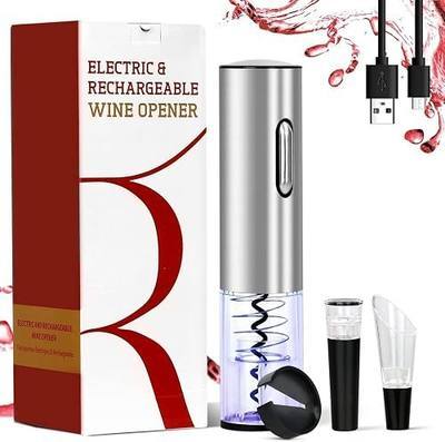 Electric Wine Opener Rechargeable, Automatic Wine Bottle Opener 4-in-1 Set Gift, Upgraded Electric Wine Corkscrew with Foil Cutter, Vacuum Stopper and Wine Pourer (Stainless Steel), silbrig