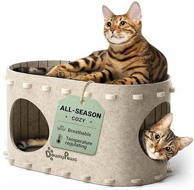 DownyPaws Cat House for Indoor Cats, Peekaboo Cat Bed Cave, Cream | Cat Hideaway Enclosed Bed,Cave Hideout Fort,Kitten Cube Castle Hut Tunnel for Cats,Hide Box Bed for Large Cat Up to 22 Lbs