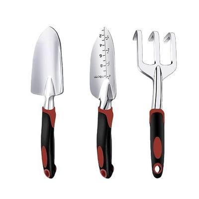 Garden Tool Set, 3 Piece Gardening Tools Includes Garden Trowel, Transplant Trowel and Hand Rake with Non-Slip Ergonomic Handle, Heavy Duty Garden Kit for Planting, Garden Gifts Red