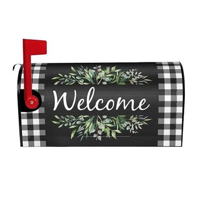 Wreath Buffalo Plaid Mailbox Covers, Welcome Magnetic Mailbox Cover, Plaid and Leaves Mail Box Covers for Garden Outdoor Decor 25.5x21 in Black White