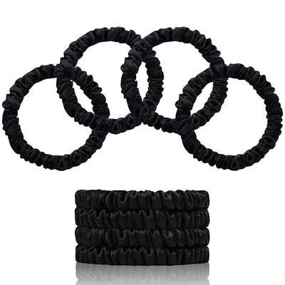 22 Momme 100% Pure Mulberry Silk Scrunchies (4 PCS) - Small Hair Elastics and Ties for Women, Sleep Hair Care, No Damage, Black