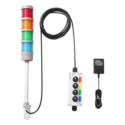 4-Stack LED Andon Tower Light | Red/Yellow/Green/Blue with Buzzer, On/Off, ABB Switch, 16 ft Extension Cable, Mean Well 120V-24V Adapter, Plug-and-Play
