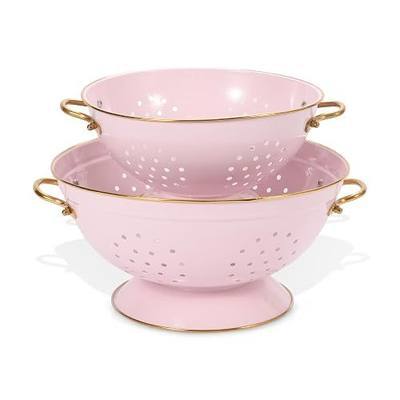 Metal Colander Set of 2, Strainer Basket with Handles 3.5 & 5 Qt Powder Coated Self-draining Solid Ring Base Metal Large Kitchen Colander Bowel for Pasta Vegetable Fruit (PINK)