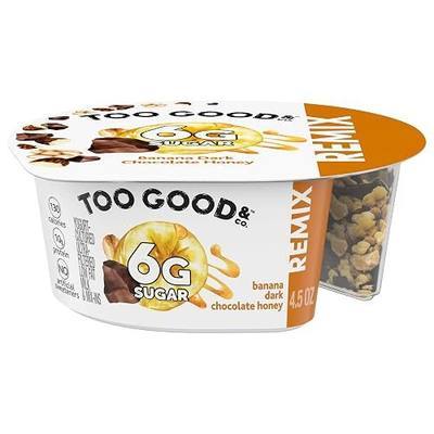 Too Good & Co. REMIX Banana Flavored Low Fat Yogurt-Cultured Ultra-Filtered Low Fat Milk with Roasted Almond, Dark Chocolate and Honey Flavored Crisp Mix Ins, 4.5 oz cup