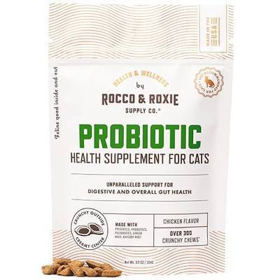 Rocco & Roxie Cat Probiotics, Digestive & Gut Health Chews | Pre/probiotic & postbiotic gut support; eases constipation & diarrhea; chicken-flavor crunchy chews; daily digestive care