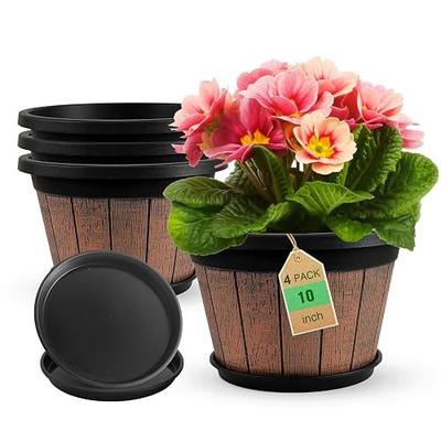 Quarut 4 Pack 10 inch Plant Pots,Whiskey Barrel Planters for Indoor Outdoor | Plastic Decoration Flower Pots with Drainage Holes & Saucer Retro Design Planters for Garden Home Plants (Brown)