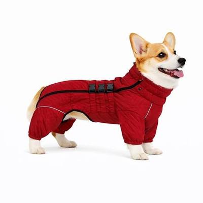 Warm Dog Coat Double Layers Dog Vest, 4 Legs Covered Windproof Waterproof Reflective Red D-S