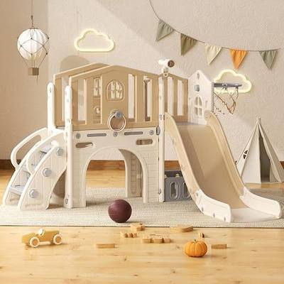 YUFU 8 in 1 Toddler Slide Set, Indoor Outdoor Playset for 1-3, Beige Brown | Features slide, climber, platform, basketball hoop and more, sturdy & safe design, tool-free assembly, ideal gift for kids